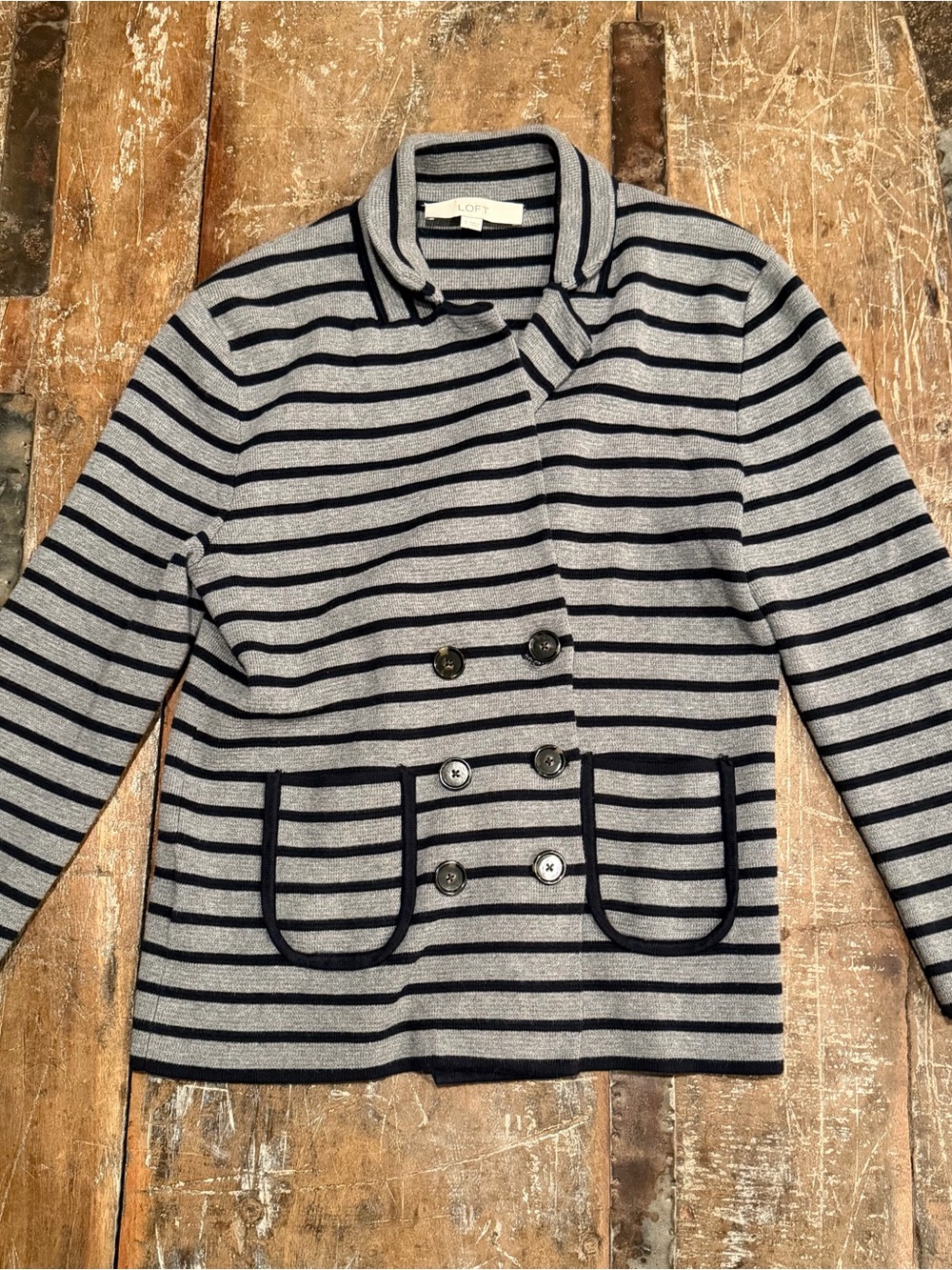 Loft Women’s Cardigan Sweater Midweight Gray and Black Striped - Size S